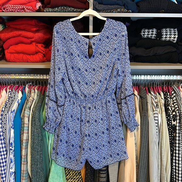 Zara blue print long elastic cuff sleeve back button closure v neck dress S NWT - Picture 3 of 3